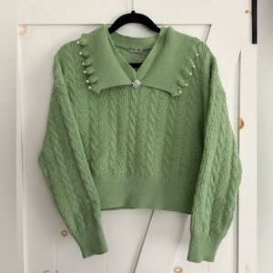 MIU MIU cropped Cable Knit Cashmere Wool Blend Sweater V Neck Pearls & crystal